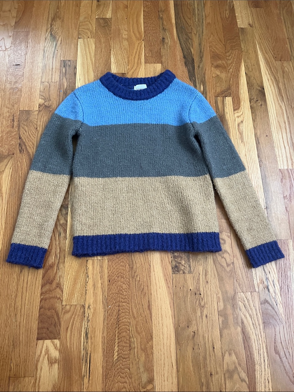 Striped Knit Sweater in Blue, Gray & Camel